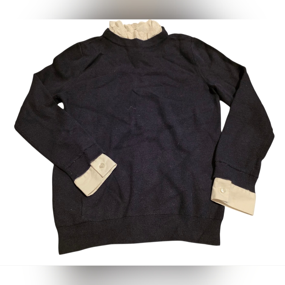 Ann Taylor Black Layered Look Sweater With White Cuffs And Neck Ruffle Size S